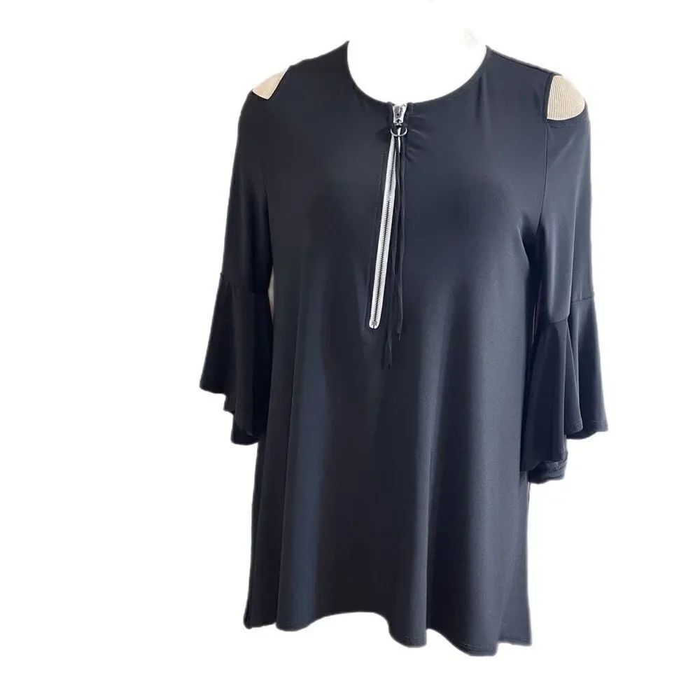IC By Connie K Black Lagenlook Zip Tunic Cold Shoulder Top Blouse Size Medium